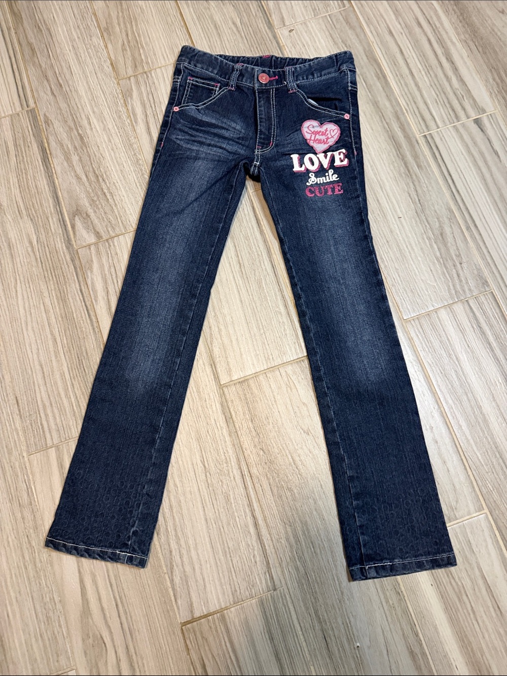 Girls' Dark Wash Jeans with Pink Heart Embroidery